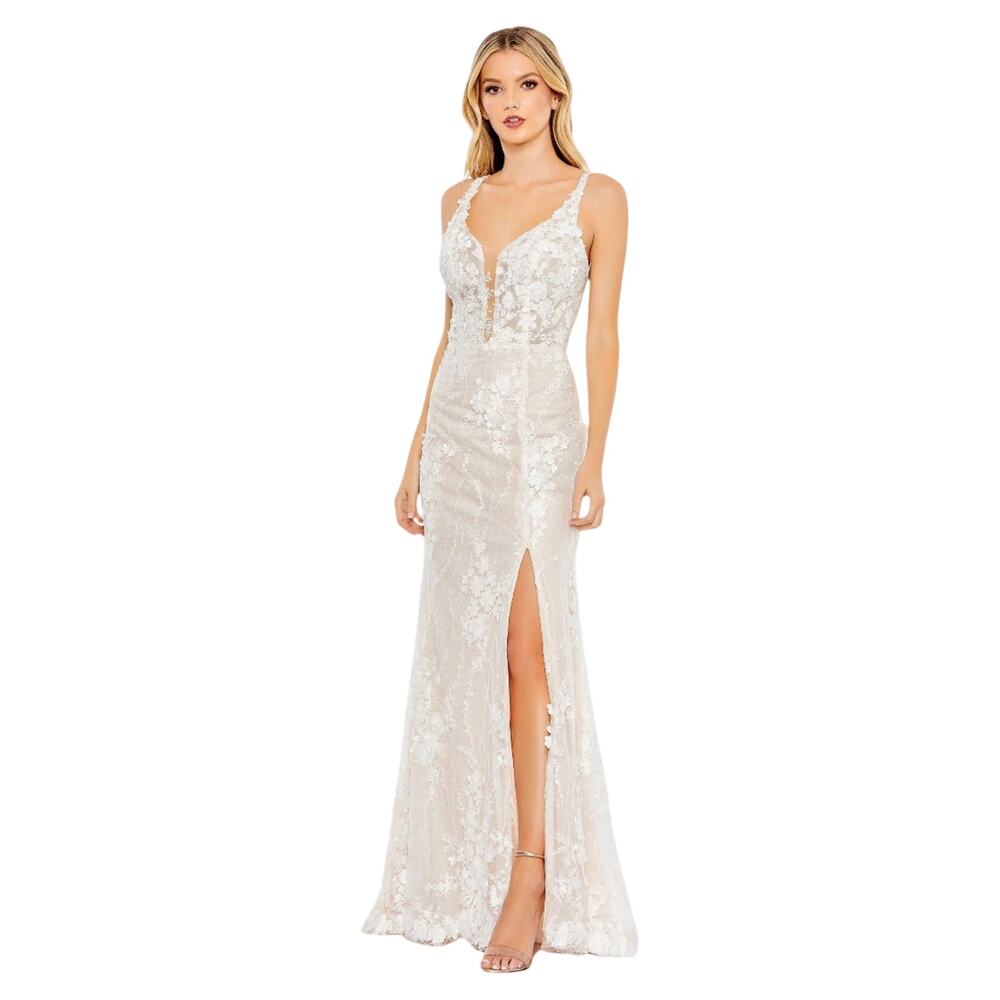 Mac Duggal Champagne Floral Sequin Gown with Plunge Neckline